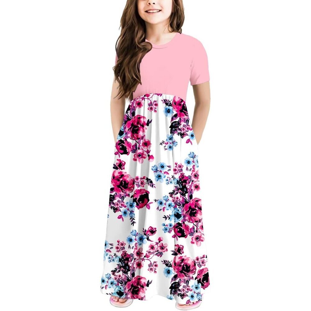🆕Girls Pink Polyester Blend Casual Loose Fit Maxi Dress with Pockets, 1